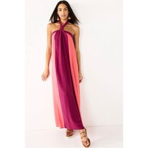 Nine West Halter Neck Colorblock Maxi Dress Red Combo XXL Flowy Goddess Vacation